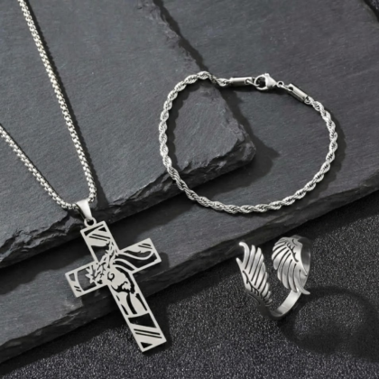 Set Cruz Sagrada en Acero Inoxidable
